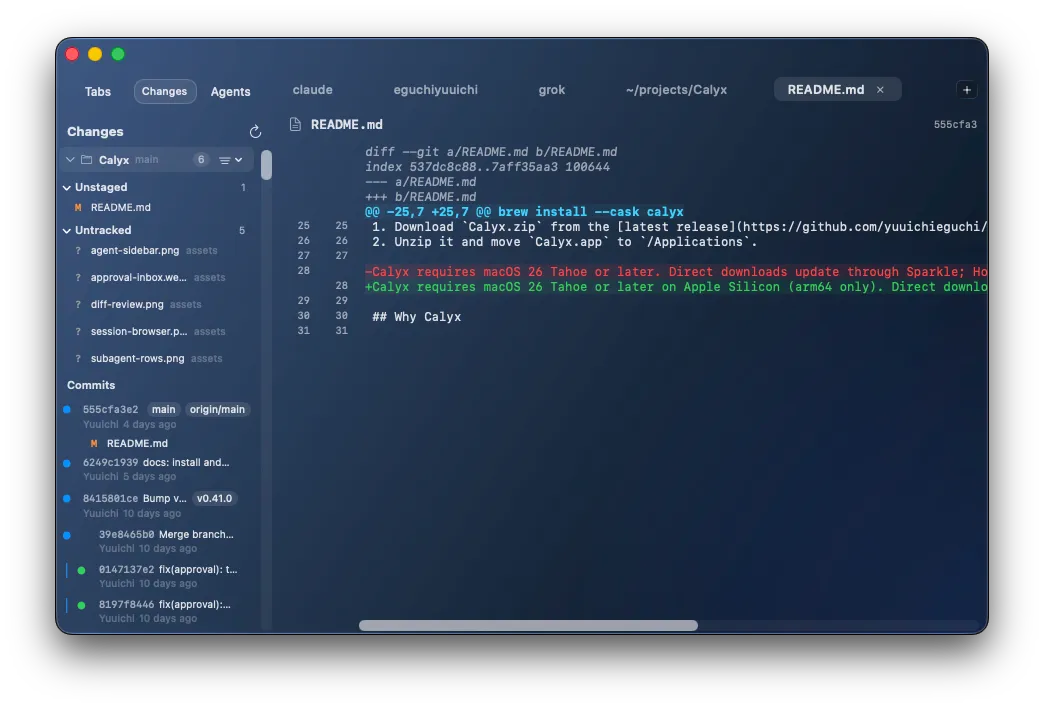The Git sidebar showing unstaged files and the commit graph beside a diff of README.md.