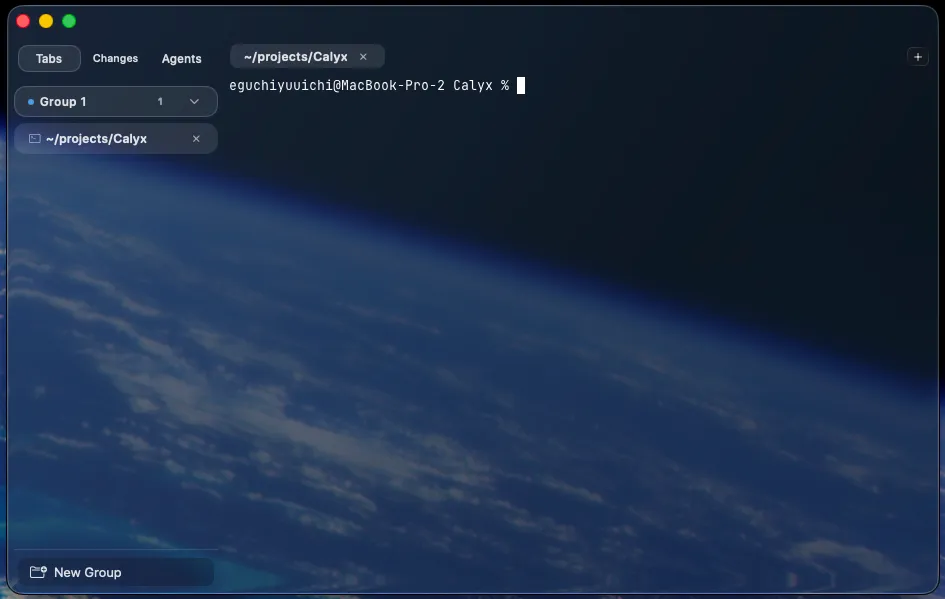 A Calyx window with one terminal pane and the tab sidebar, its translucent chrome showing the desktop wallpaper through it.